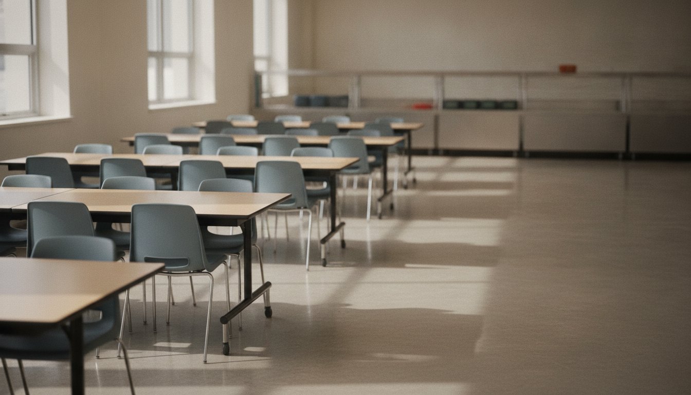 Refeitório de escola pública com mesas e cadeiras vazias sob iluminação natural durante o dia.