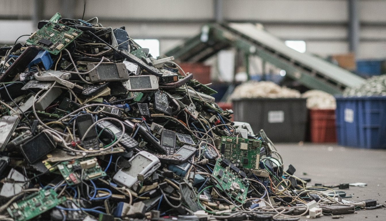 Pilha de celulares, cabos e placas de computador acumulados em um centro de triagem de resíduos.