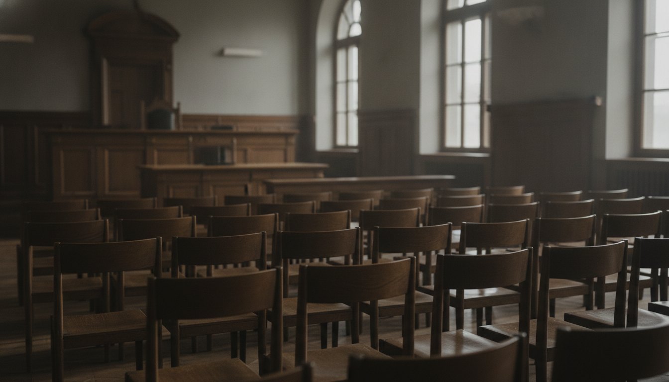Sala de audiência com cadeiras de madeira enfileiradas e mesa do juiz ao fundo.