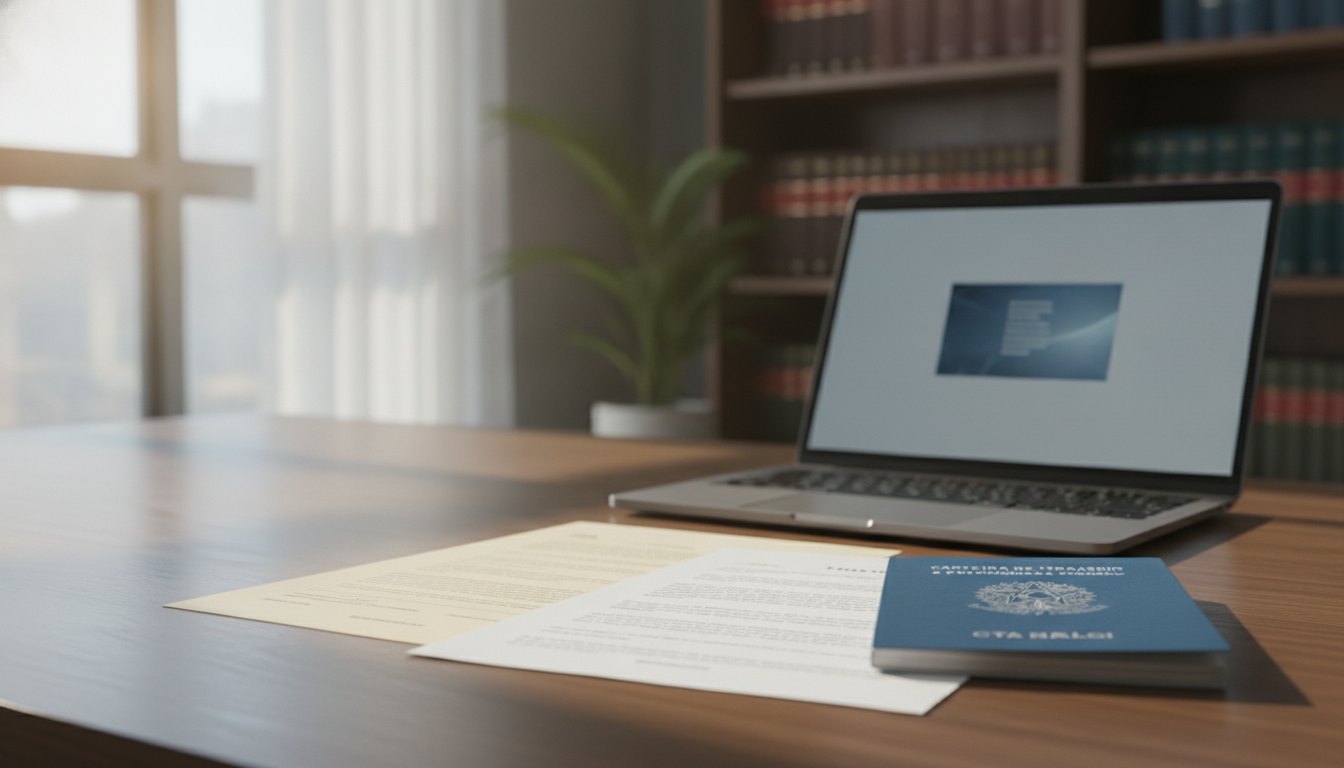 Pessoa analisando documentos impressos e carteira de trabalho ao lado de um computador ligado.