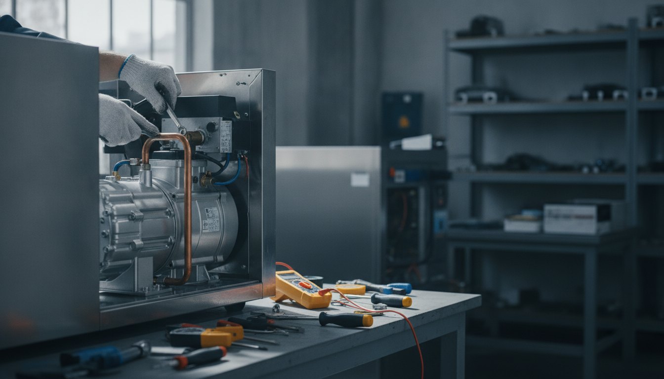 Técnico com luvas inspecionando o compressor de uma geladeira metálica com ferramentas dispostas ao lado.