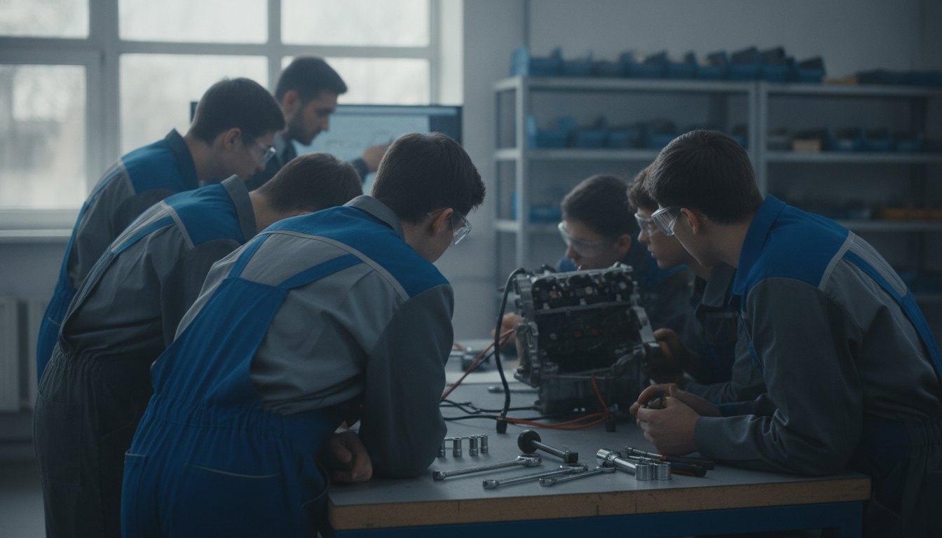 Jovens em laboratório de mecânica manuseando ferramentas e prestando atenção nas instruções de um professor.