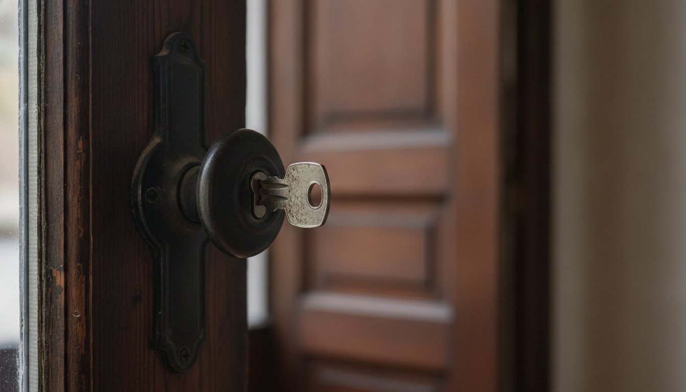 Pessoa insere uma chave metálica desgastada na maçaneta de uma porta de madeira escura.