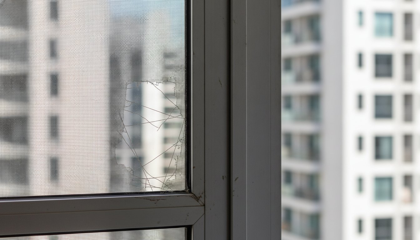 Janela de apartamento com tela de segurança apresentando desgastes nos fios próximos à esquadria metálica.