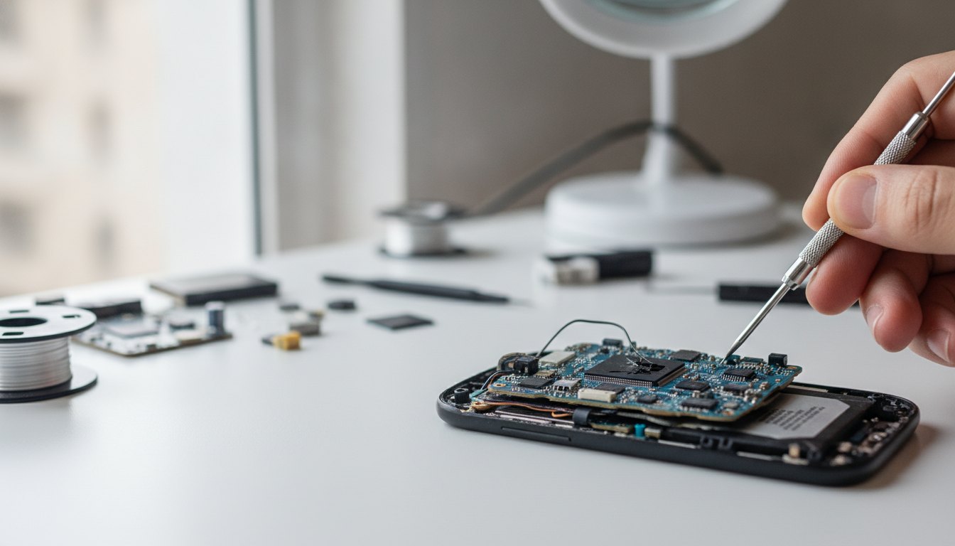 Técnico utilizando ferramentas de precisão para desmontar a placa central de um smartphone danificado.
