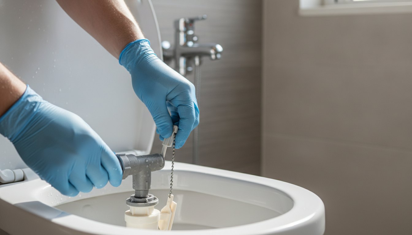 Profissional com luvas ajustando os componentes internos da caixa acoplada de um vaso sanitário branco.
