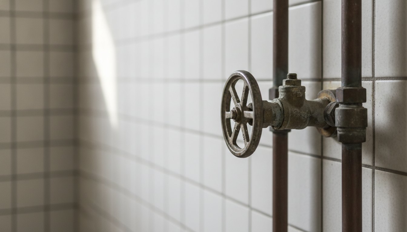 Pessoa operando um registro de água metálico fixado em uma parede revestida com azulejos claros.