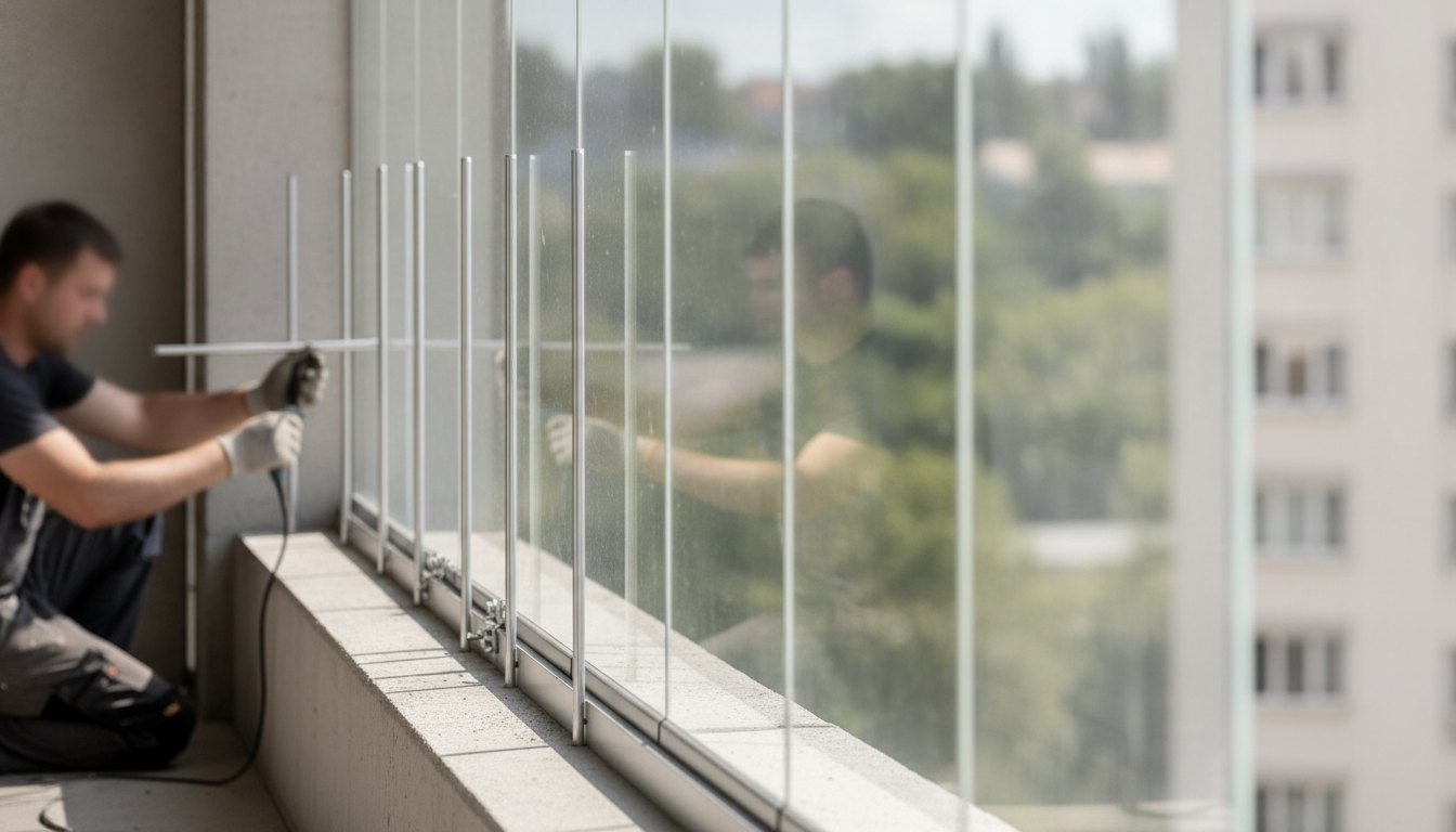 Profissional instalando hastes metálicas em uma varanda residencial com fechamento de vidro.