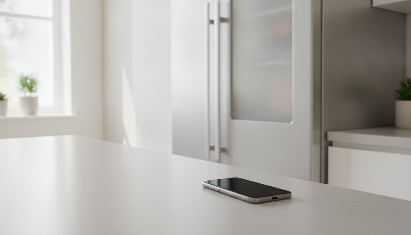 Smartphone com a tela apagada ao lado de uma geladeira em uma cozinha iluminada.