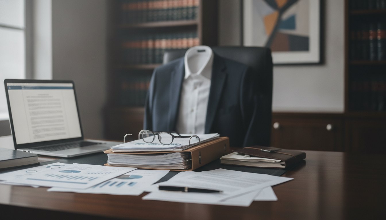 Profissional de terno analisa documentos em uma mesa de escritório com um computador.