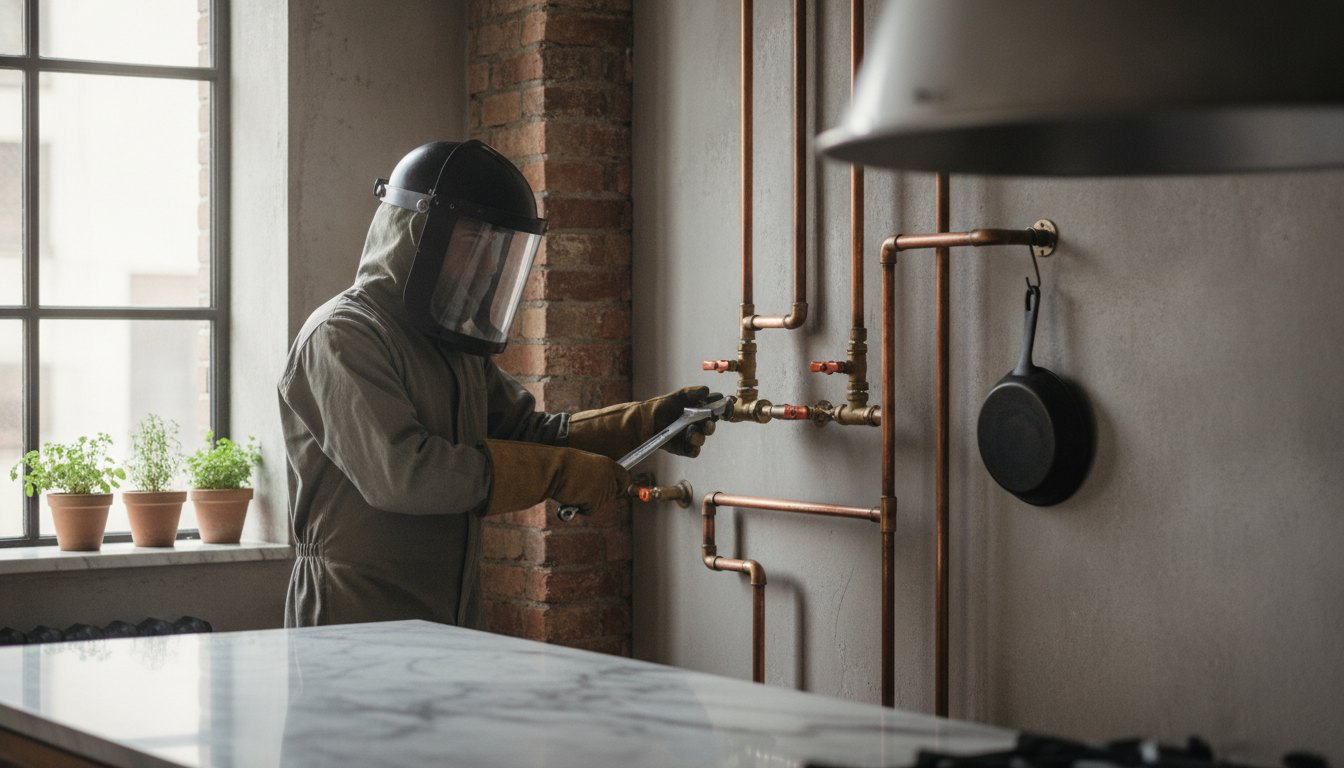 Técnico com uniforme de proteção ajustando a válvula de uma tubulação de cobre em cozinha residencial.