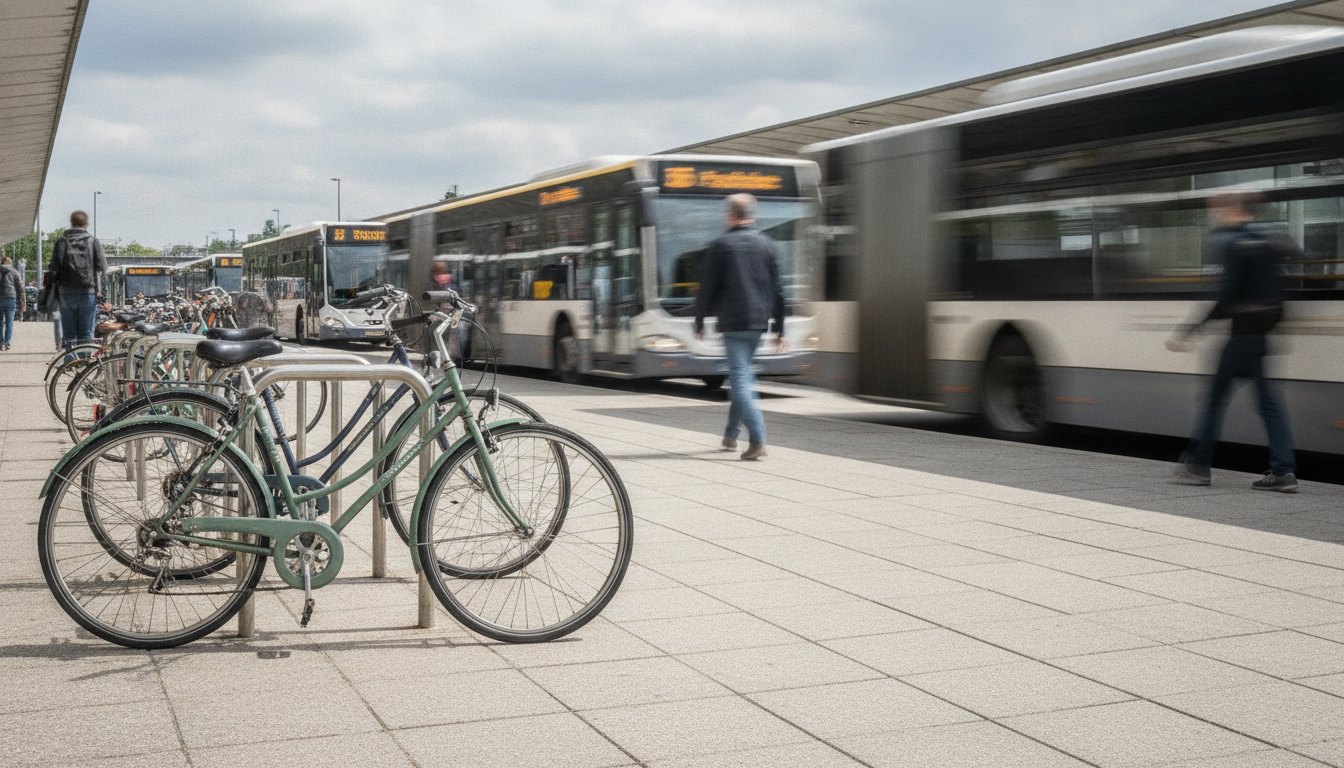Bicicletas estacionadas em paraciclos ao lado de um terminal de ônibus urbano movimentado.