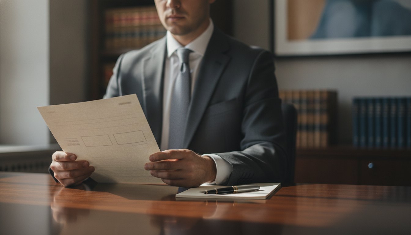 Homem sentado em uma mesa de escritório lendo um documento impresso ao lado de uma caneta.