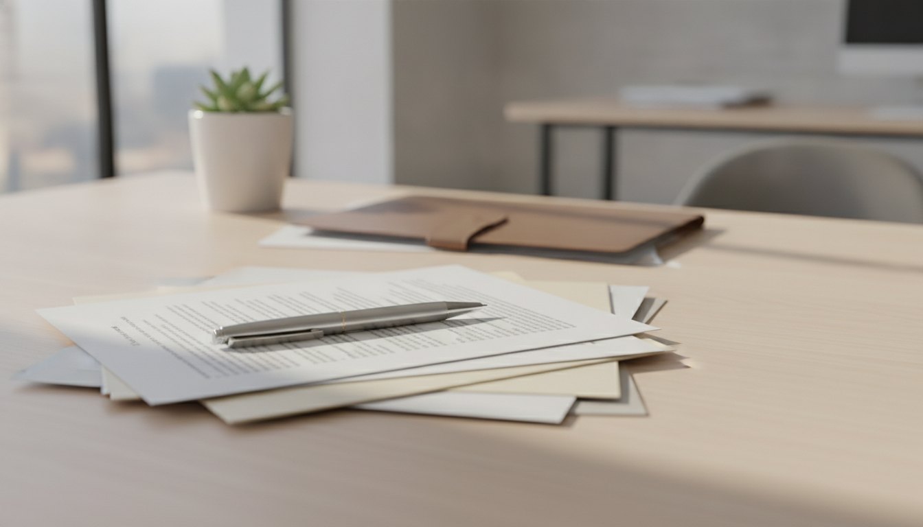 Documentos legais, formulários e uma caneta organizados sobre uma mesa de escritório em ambiente bem iluminado.