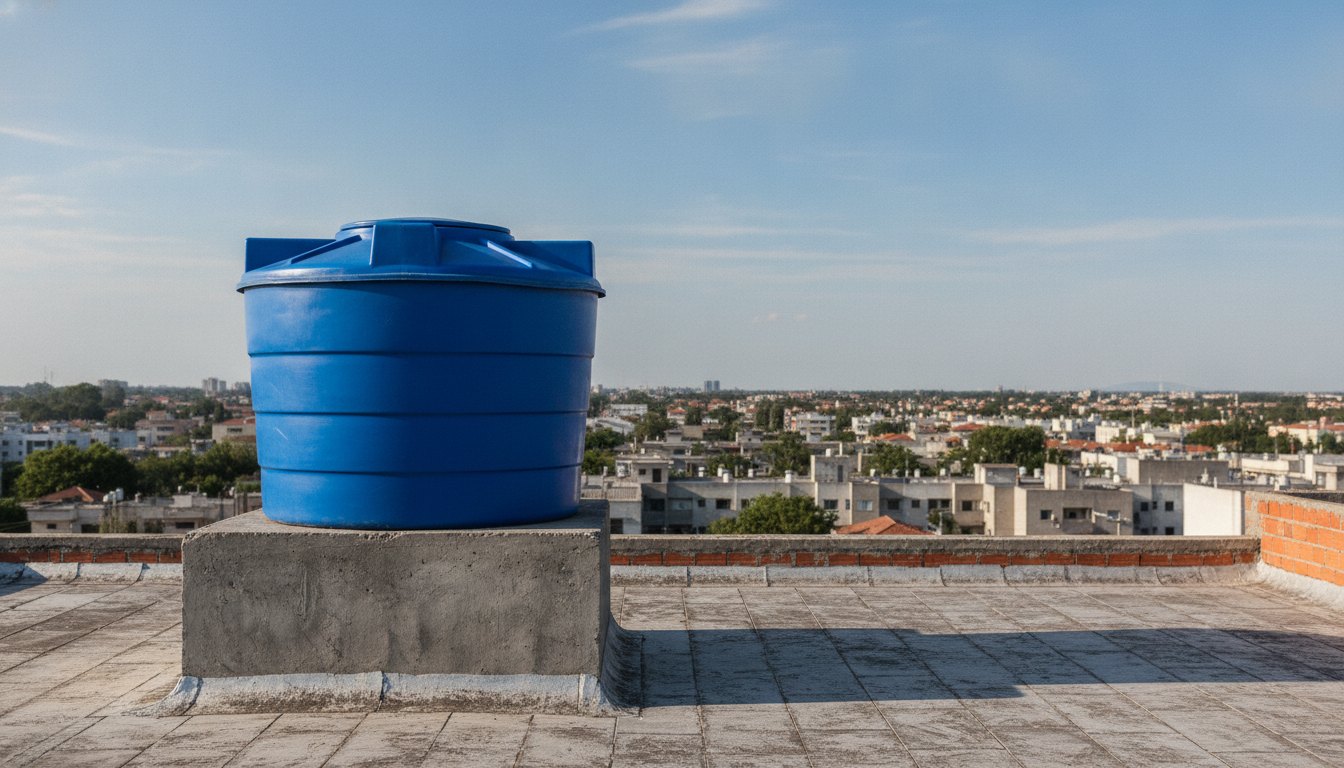 Reservatório azul de polietileno instalado sobre base de concreto em um telhado residencial.