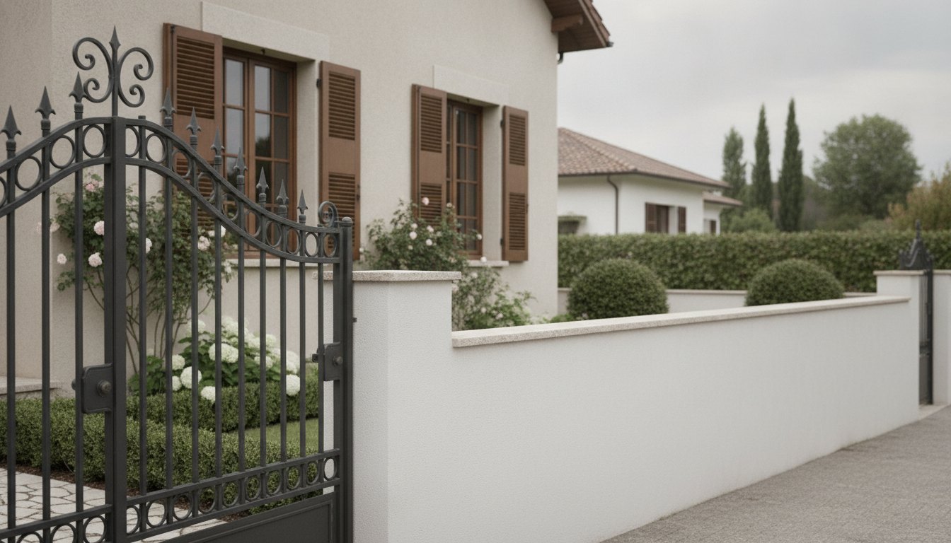 Fachada de casa com portão de ferro, jardim limpo e janelas fechadas.