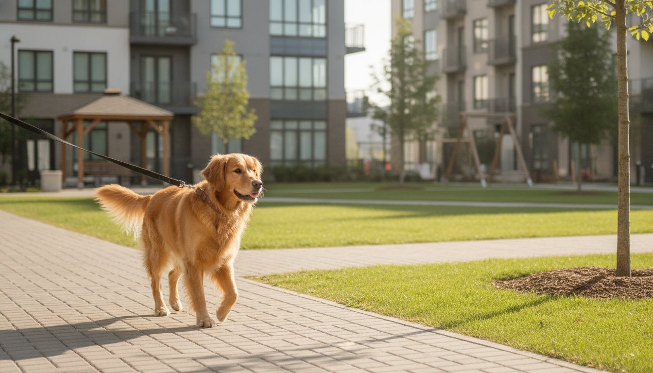 Cachorro passeando com coleira em uma área de lazer de condomínio residencial.