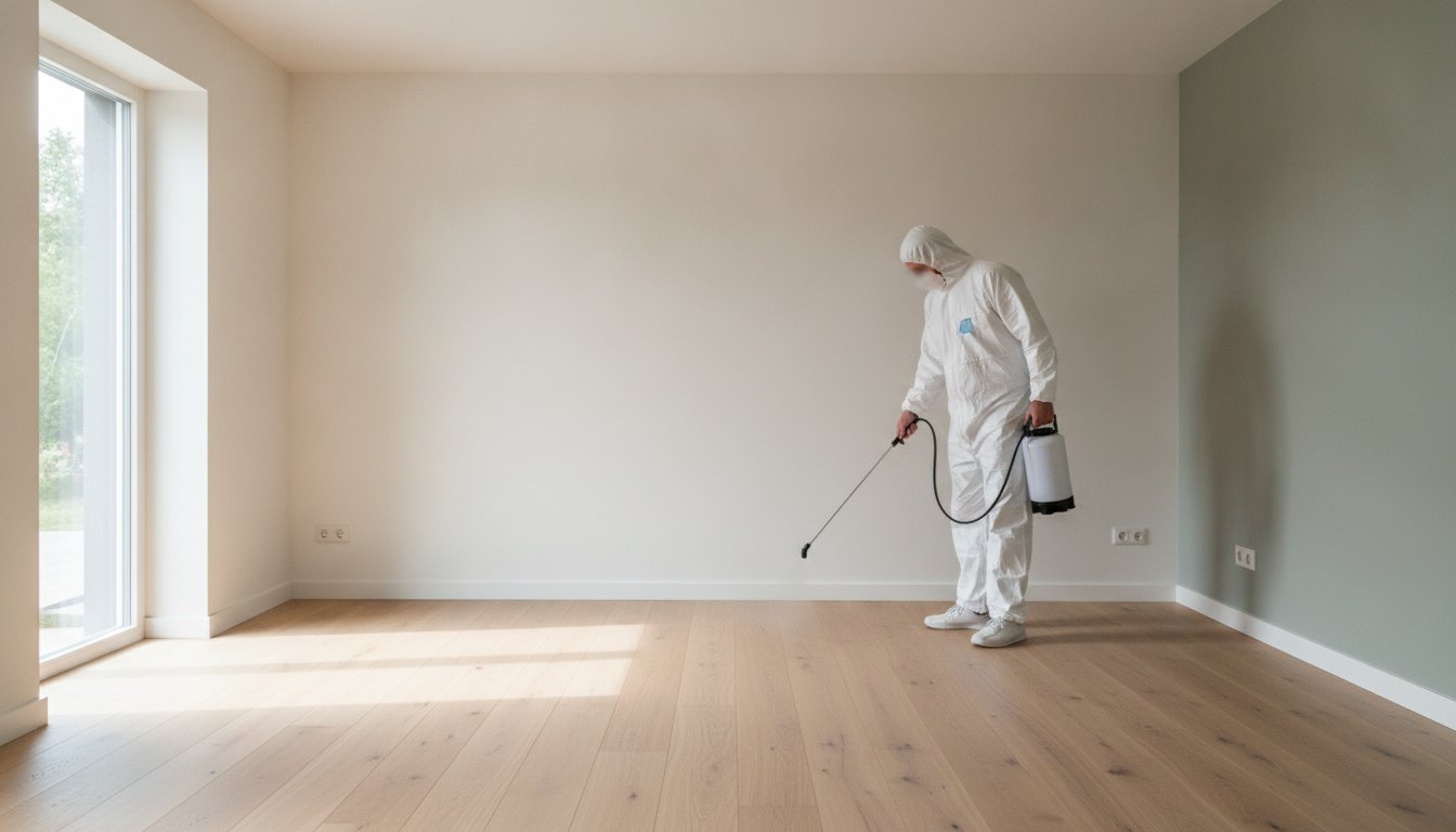 Profissional de macacão branco aplicando produto químico no rodapé de uma sala vazia.