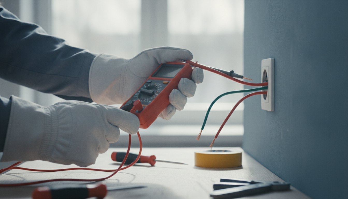 Técnico com luvas de proteção medindo a tensão elétrica nos fios de uma tomada.