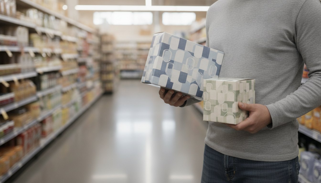 Consumidor segurando duas caixas de sabão em pó de tamanhos diferentes em um corredor de supermercado.