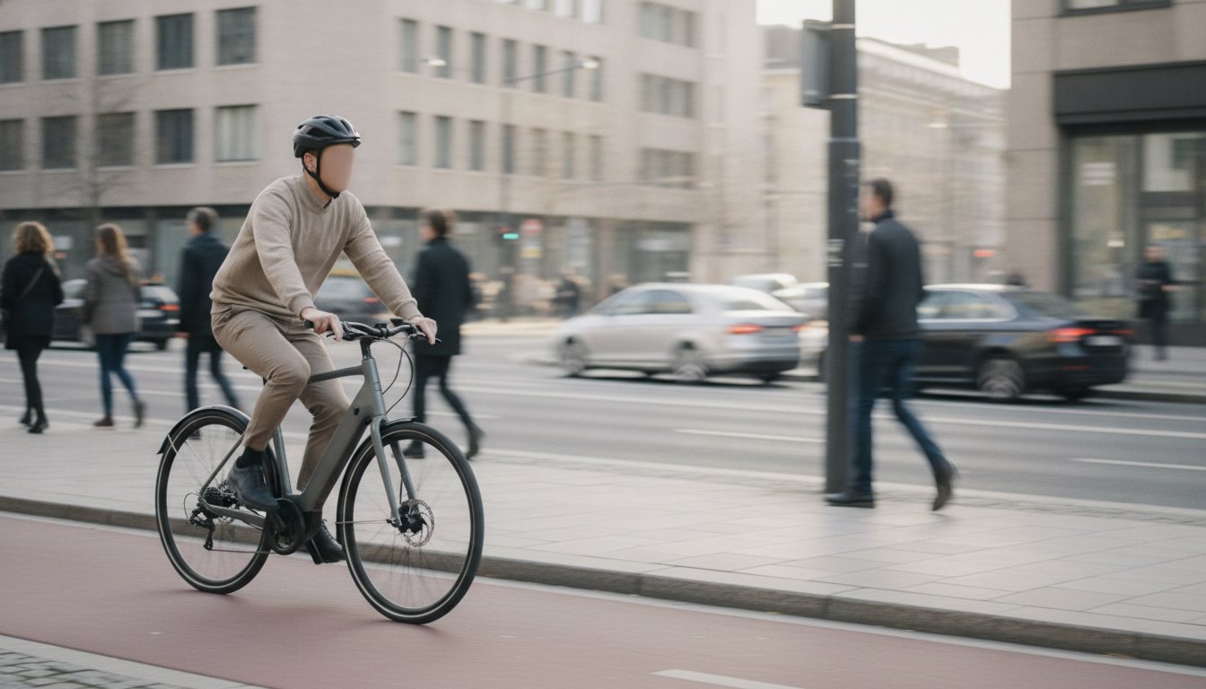 Ciclista conduzindo bicicleta elétrica em ciclovia urbana com pedestres e carros ao fundo.