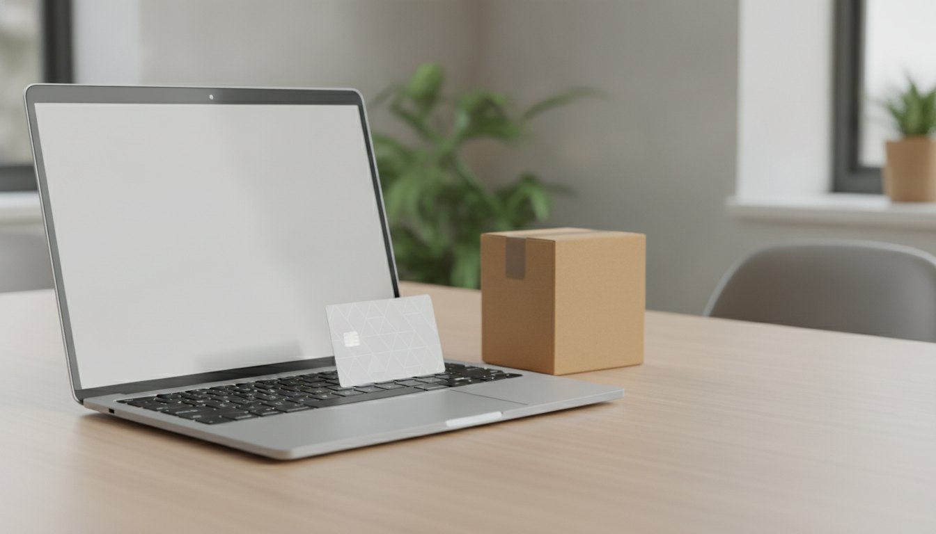 Mulher digitando no notebook com um cartão bancário e pequena caixa de papelão ao lado.