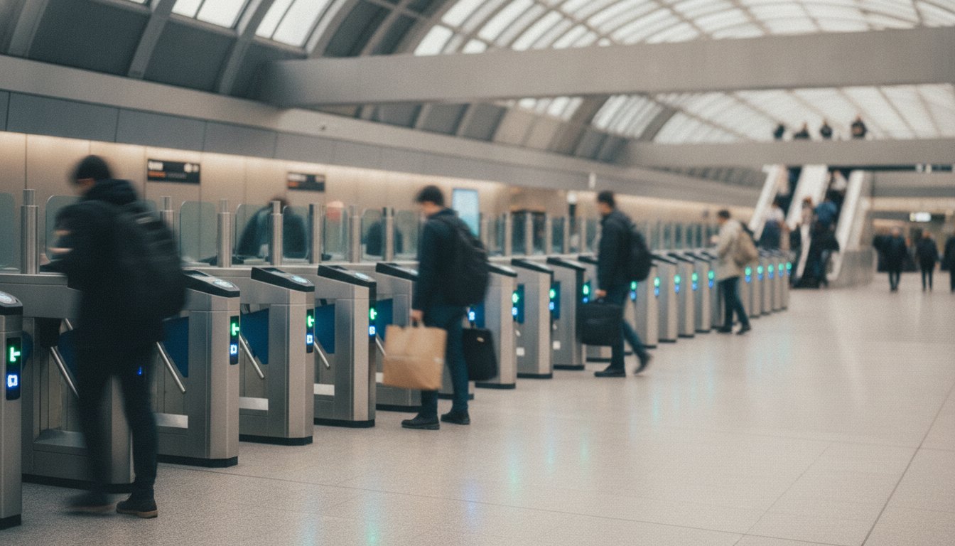 Passageiros passando por catracas eletrônicas em uma estação de metrô movimentada durante o dia