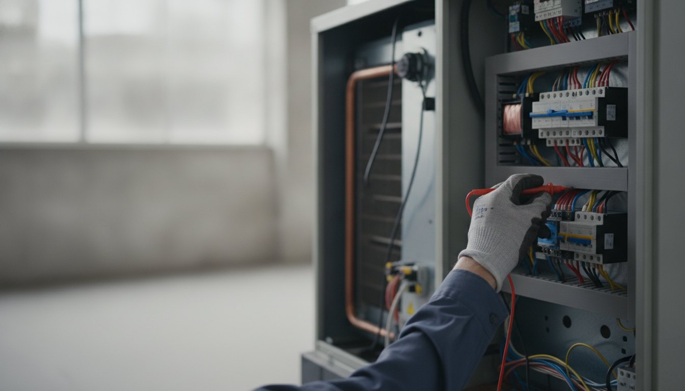 Técnico com luvas de proteção inspecionando o painel elétrico de um aparelho de ar-condicionado aberto.