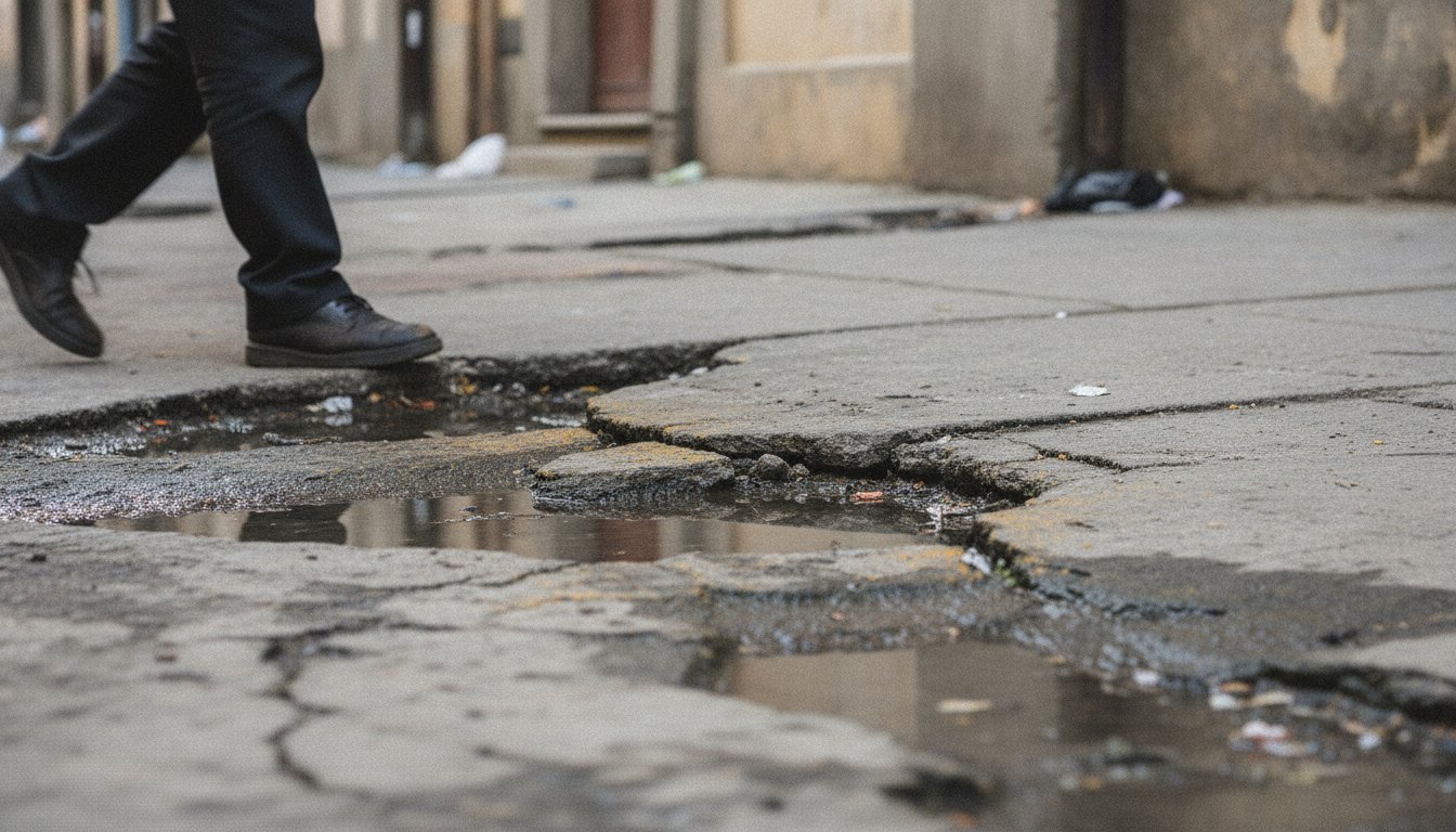 Pedestre desvia de buracos e desníveis em uma calçada de concreto danificada na área urbana.