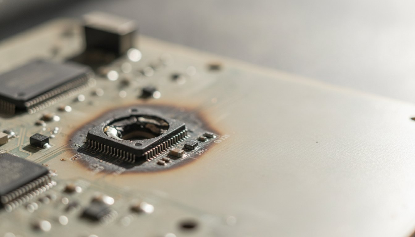Placa de circuito impresso com componentes eletrônicos levemente escurecidos por marca de queimadura.