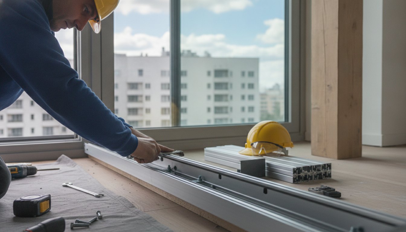 Trabalhador com equipamento de proteção ajustando o trilho de uma janela de vidro em apartamento.