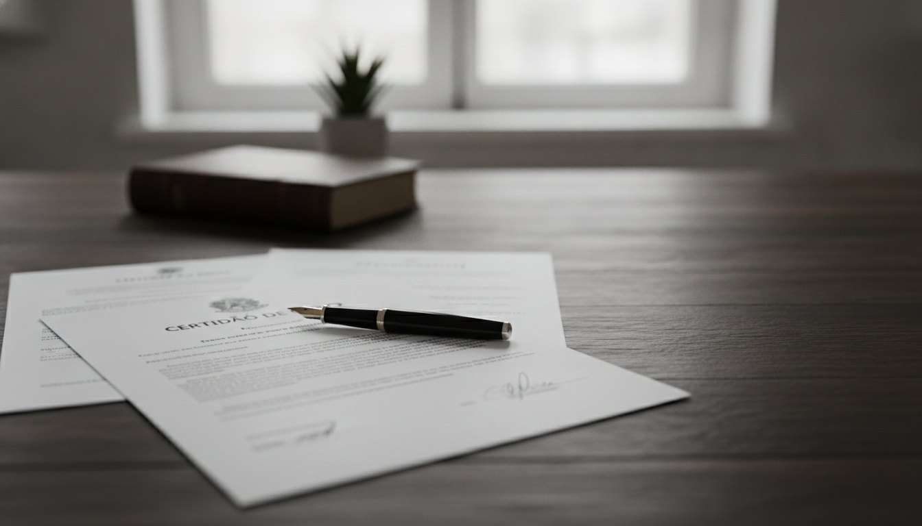 Documentos legais, certidão de óbito e uma caneta posicionados sobre uma mesa de madeira escura.