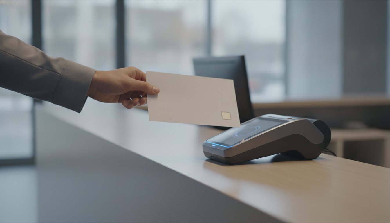 Pessoa segurando um documento com chip próximo a um leitor digital em balcão de atendimento